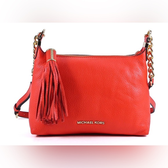 Michael Kors Small Weston Tassel Pebbled Messenger Crossbody Blood Orange & Gold - Picture 1 of 13